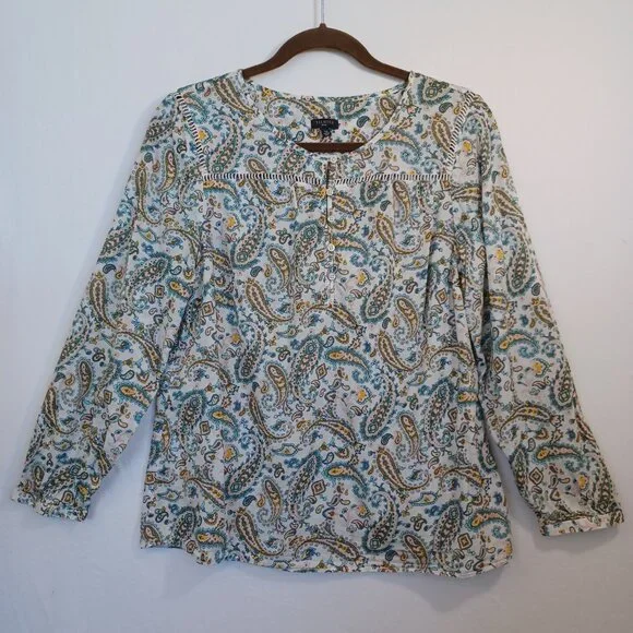 Talbots Top Green Pink Paisley Print‎ Cotton Popover Blouse Womens Large Petite - Picture 6 of 11